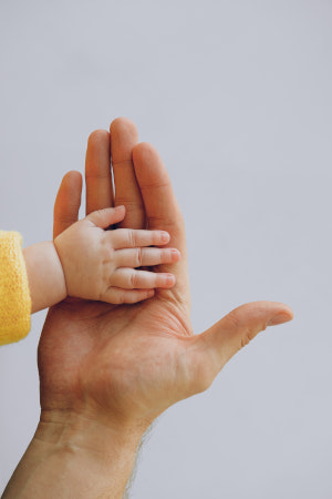 Die Hand eines Kindes und die Hand eines Erwachsenen im Vergleich.