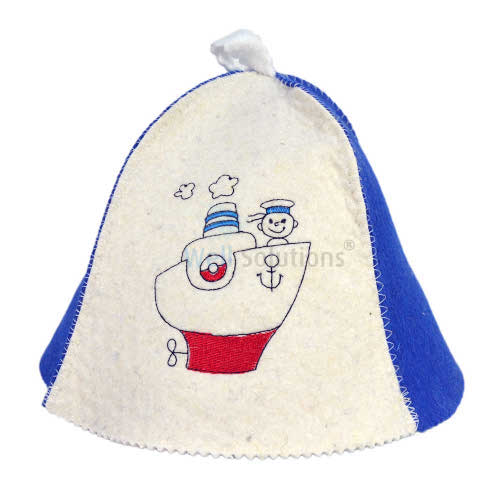 Saunahut in Kindergröße aus Wollfilz im Seemann Design