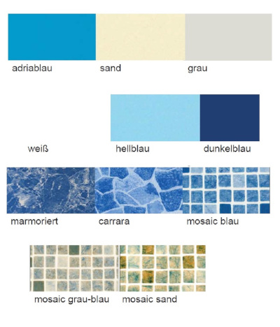 Eine Übersicht zeigt die verschiedenen Farben von Poolfolie