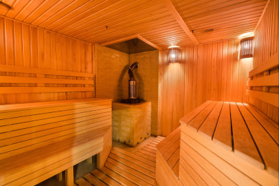 Eine Kabine ist mit einem Saunaofen mit externer Steuerung ausgestattet