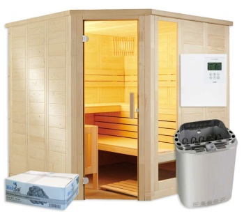 Saunakabine Komfort Corner Large mit Bi-o Saunaofen und Steuerung