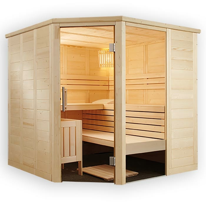 Ecksauna Alaska aus Massivholz mit finnischer oder Bio-Sauna